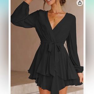 Ferlema Women's V Neck Ruffle Long Sleeve Tie Waist  Swing Mini Wrap Dress.